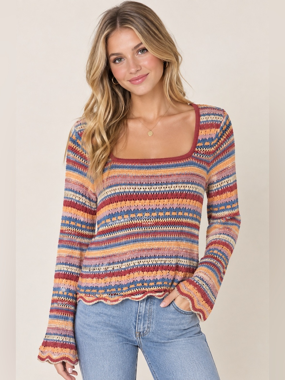 Jessica Simpson Multicolor Striped Crochet Knit Long Sleeve Sweater XS